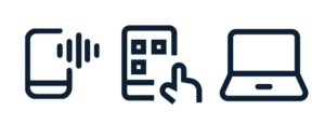 three icons in a row of a mobile phone communication and interaction, and a laptop