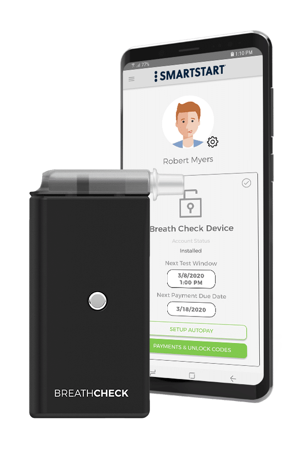 Photo of the BreathCheck™ Device with a Mobile Phone displaying the Client Portal Mobile App